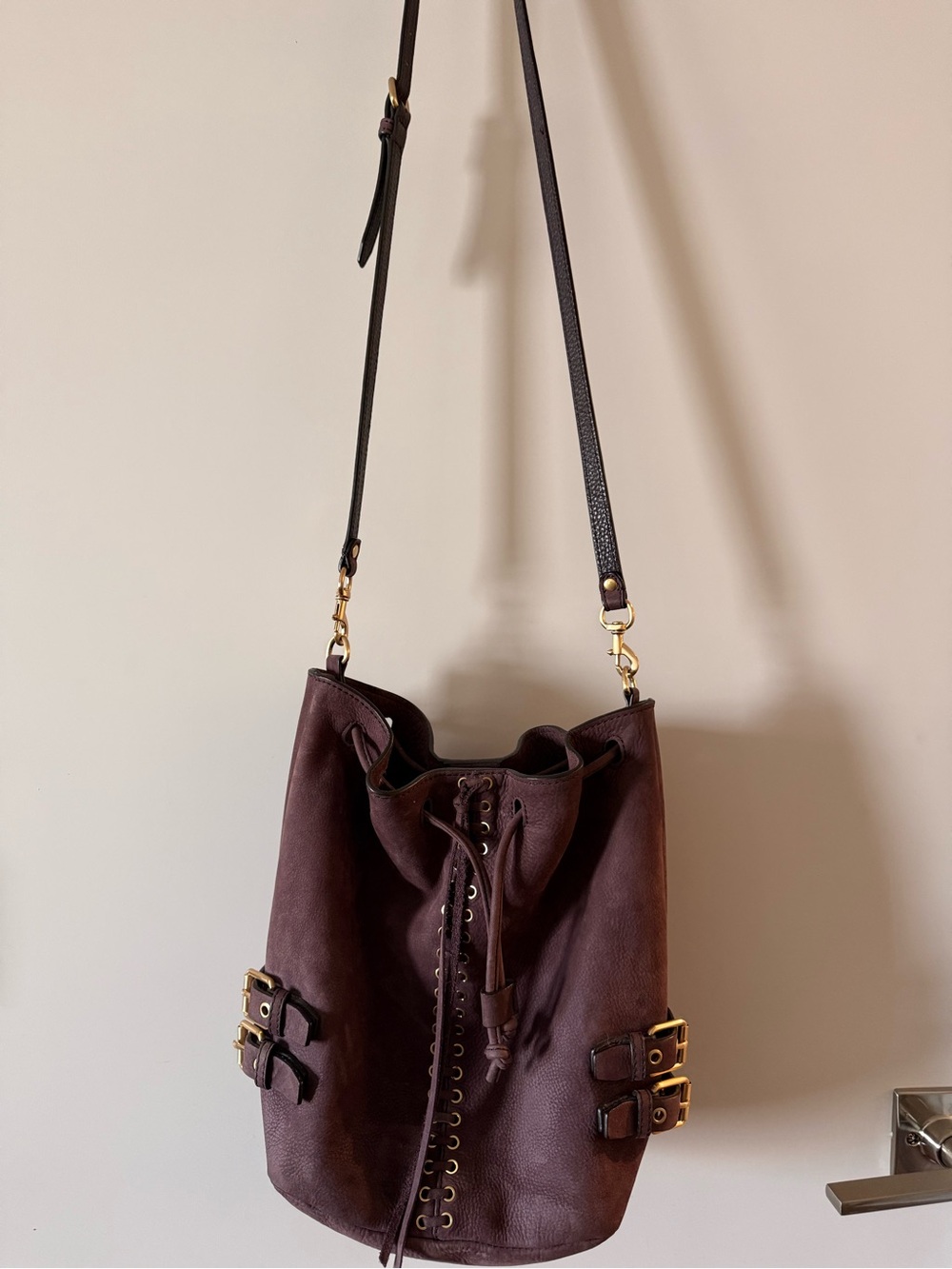 Rebecca Minkoff Deep Purple Leather Drawstring Bucket Shoulder Bag